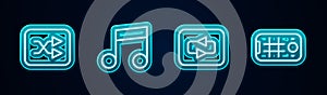 Set line Arrow shuffle, Music note, tone, Repeat button and Selfie mobile. Glowing neon icon. Vector