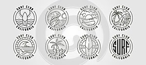 Set of line art california surf club icon logo vector illustration design, ocean landscape minimal logo design