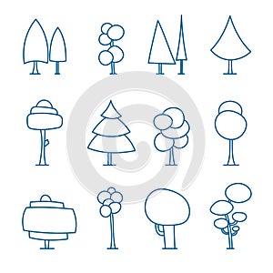 Set of line art cartoon trees, hand drawn forest, doodle vector. Isolated on white. For coloration