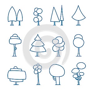 Set of line art cartoon trees, hand drawn forest, doodle vector. Isolated on white. For coloration photo