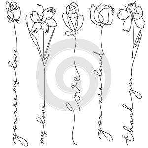 Set of line art flowers with lettering