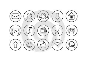 Set of line art internet theme icons for a web page in a round frame