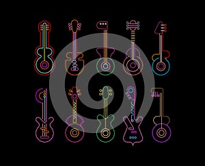 Set of Line Art Neon Guitars