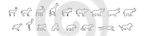 Set of line art silhouette standing african animals. Side view. A collection of various animals of Africa. Vector illustration iso