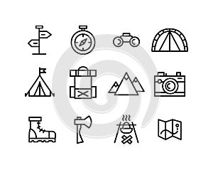 Set of line art travel camping hiking icons