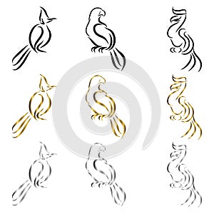 Set of line art vector logo of bird perched on a branch