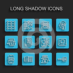 Set line Artificial intelligence AI, Binary code, Neural network, Chat bot, Processor CPU and icon. Vector