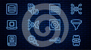Set line Artificial intelligence AI, Funnel or filter, Binary code, Neural network, Processor CPU, Server, Data