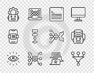 Set line Artificial intelligence AI, Funnel or filter, Web developer programming code, Neural network, Robot setting