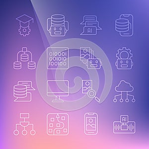 Set line Artificial intelligence AI, Network cloud connection, Robot setting, Chat, Binary code, Server, Data