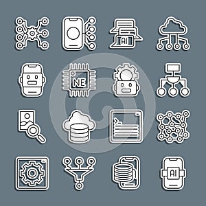 Set line Artificial intelligence AI, Neural network, Algorithm, Chat bot, Processor CPU, and Robot setting icon. Vector