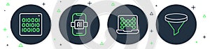 Set line Artificial intelligence AI, Neural network, Binary code and Funnel filter icon. Vector
