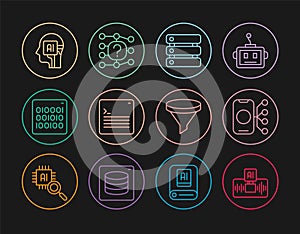 Set line Artificial intelligence AI, Neural network, Server, Data, Web developer programming code, Binary, Humanoid