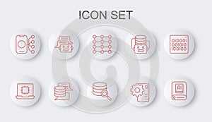 Set line Artificial intelligence AI, Processor CPU, Neural network, Chat bot, Server, Data and icon. Vector