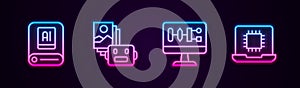 Set line Artificial intelligence AI, robot, Algorithm and Processor CPU. Glowing neon icon. Vector