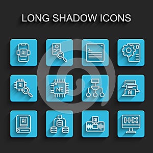 Set line Artificial intelligence AI, Server, Data, Algorithm, Processor CPU, Chat bot and icon. Vector