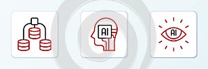 Set line Artificial intelligence AI, Server, Data and Humanoid robot icon. Vector
