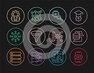 Set line Artificial intelligence AI, Server, Data, Processor CPU, Funnel filter, Neural network, Robot setting, and icon