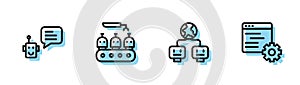 Set line Artificial intelligence, Bot, Industrial production of robots and Computer api interface icon. Vector