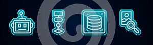 Set line Artificial intelligence robot, Algorithm, Server, Data and Photo retouching. Glowing neon icon. Vector