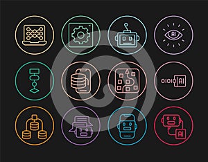 Set line Artificial intelligence robot, Binary code, Cloud technology data transfer, Algorithm, Neural network, and