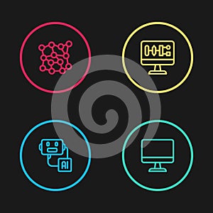 Set line Artificial intelligence robot, Computer monitor, Algorithm and Neural network icon. Vector