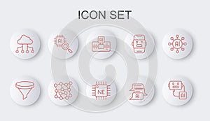 Set line Artificial intelligence robot, Funnel or filter, AI, Chat, Network cloud connection, Processor CPU, Neural