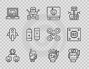 Set line Artificial intelligence, Robot low battery charge, Creating robot, Battery, burned out and Processor with