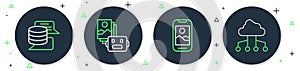 Set line Artificial intelligence robot, Mobile phone, Server, Data and Network cloud connection icon. Vector