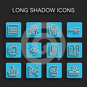 Set line Artificial intelligence robot, Neural network, Binary code, AI, and icon. Vector