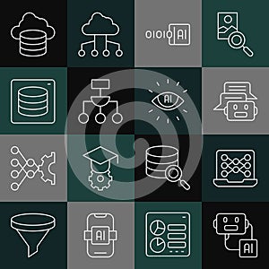 Set line Artificial intelligence robot, Neural network, Chat, Binary code, Algorithm, Server, Data, Cloud database and