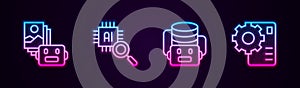 Set line Artificial intelligence robot, Processor CPU, and Neural network. Glowing neon icon. Vector