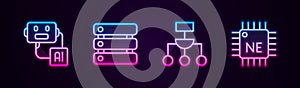 Set line Artificial intelligence robot, Server, Data, Algorithm and Processor CPU. Glowing neon icon. Vector