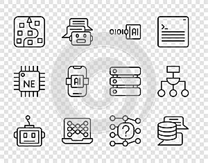 Set line Artificial intelligence robot, Server, Data, Binary code, Neural network, AI, and Algorithm icon. Vector