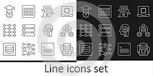 Set line Artificial intelligence robot, Server, Data, Chat, Neural network, Graduation cap, Humanoid and Binary code