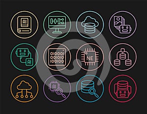 Set line Artificial intelligence robot, Server, Data, Cloud database, Binary code, AI, Processor CPU and Algorithm icon