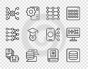 Set line Artificial intelligence robot, Server, Data, Neural network, Graduation cap, AI and Algorithm icon. Vector