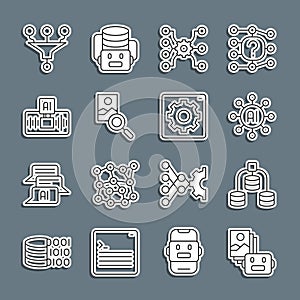 Set line Artificial intelligence robot, Server, Data, Neural network, Photo retouching, AI, Funnel filter and Computer