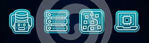 Set line Artificial intelligence robot, Server, Data, Neural network and Processor CPU. Glowing neon icon. Vector