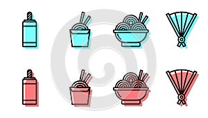 Set line Asian noodles in bowl, Firework, Asian noodles in paper box and chopsticks and Paper chinese folding fan icon