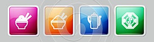 Set line Asian noodles in bowl, Rice with chopstick, Chinese tea ceremony and Yin Yang. Colorful square button. Vector