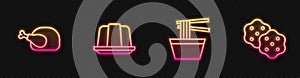 Set line Asian noodles in bowl, Roasted turkey or chicken, Jelly cake and Cracker biscuit. Glowing neon icon. Vector