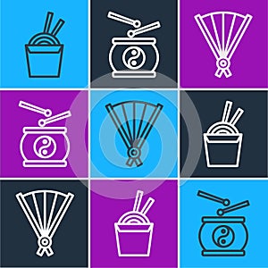 Set line Asian noodles in paper box and chopsticks, Paper chinese folding fan and Chinese drum icon. Vector