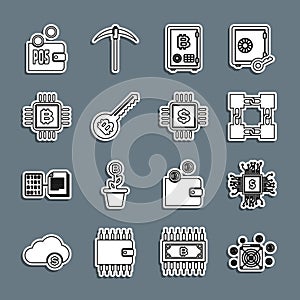 Set line ASIC Miner, Processor chip with dollar, Blockchain technology, Proof of stake, Cryptocurrency key, CPU mining