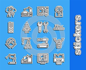 Set line Assembly line, Drone delivery concept, Conveyor belt with cardboard box, Printed circuit PCB, Robot, Remote