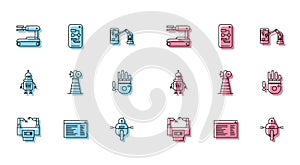 Set line Assembly line, Software, web developer programming code, Robot, Antenna, Mechanical robot hand, and Algorithm