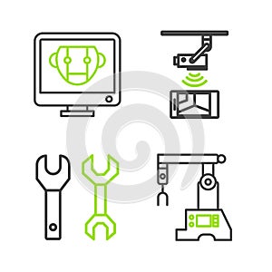 Set line Assembly line, Spanner, Wireless Controlling CCTV security camera and Bot icon. Vector