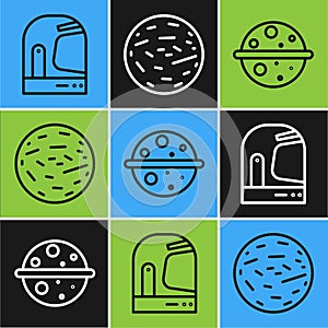 Set line Astronaut helmet, Planet Venus and Planet Mars icon. Vector