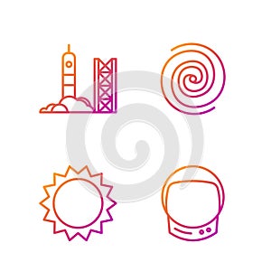 Set line Astronaut helmet, Sun, Rocket launch from the spaceport and Black hole. Gradient color icons. Vector