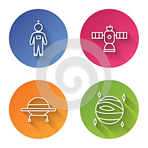 Set line Astronaut, Satellite, UFO flying spaceship and Planet Venus. Color circle button. Vector